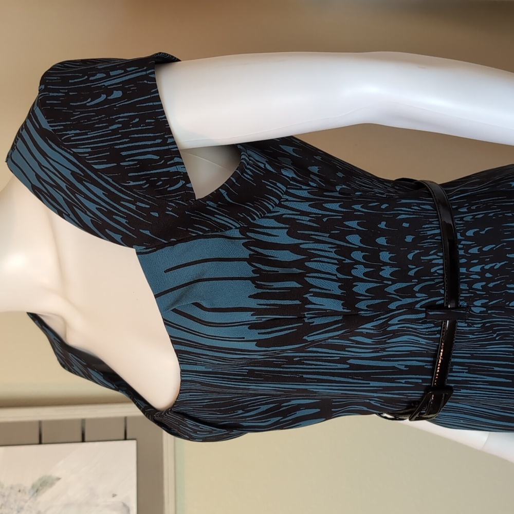 Bisou Bisou Teal/Blue Black Dress Cap Sleeve Belted Bodycon Sz10 EUC Like New
